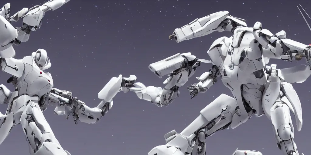 Image similar to white mecha armed with a long and thin lance in melee combat against a giant horrifying tentacles monster made of real flesh, stellar space, white metallic, japanese mecha, highly detailed, white robot, flashy red lights, tsutomu nihei style, rendered in blender, knights of sidonia manga