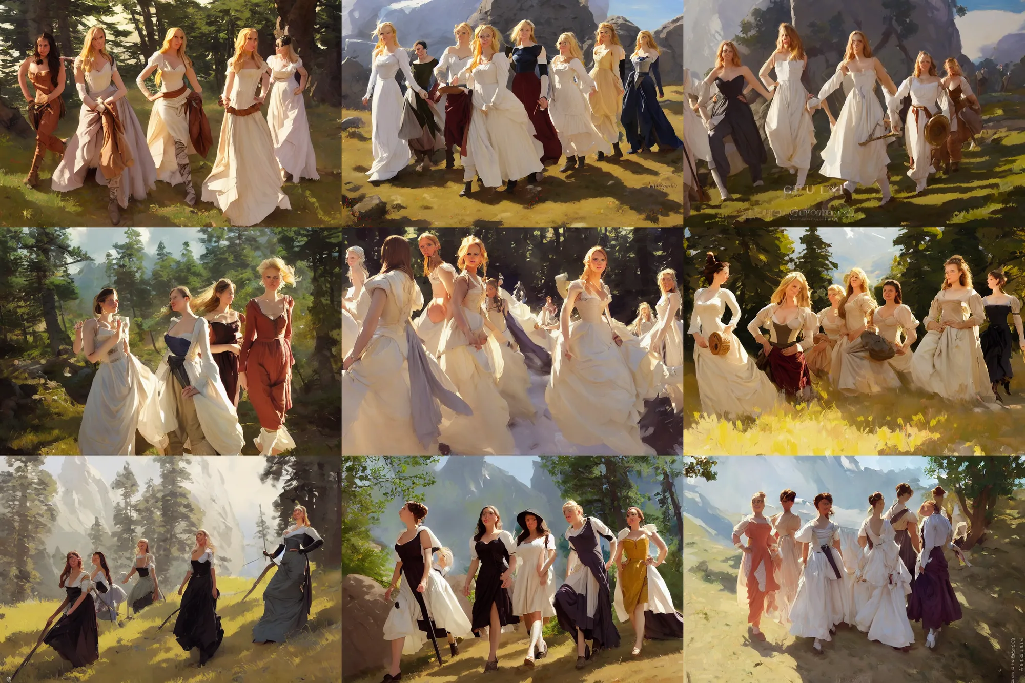 Prompt: a group of finnish norwegian swedish scandinavian attractive glamour models wearing 1 7 th century bodice with low neckline walking at mountain in a sunny day, jodhpurs greg manchess painting by sargent and leyendecker, studio ghibli fantasy medium shot asymmetrical intricate elegant matte painting illustration hearthstone, by greg rutkowski by greg tocchini by james gilleard