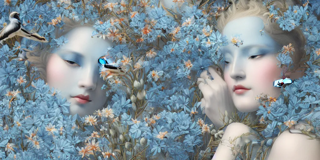 Image similar to breathtaking detailed concept art painting art deco pattern of blonde faces goddesses amalmation light - blue flowers with anxious piercing eyes and blend of flowers and birds, by hsiao - ron cheng and john james audubon, bizarre compositions, exquisite detail, extremely moody lighting, 8 k