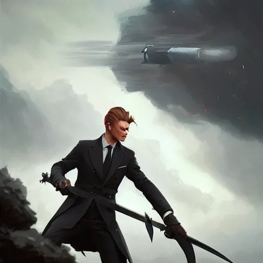 Prompt: portrait of a friendly formal well - groomed david bowie, huge realistic broadsword, elegant, rule of thirds, wide angle, highly detailed, artstation, concept art, matte, sharp focus, art by greg rutkowski, cover by artgerm