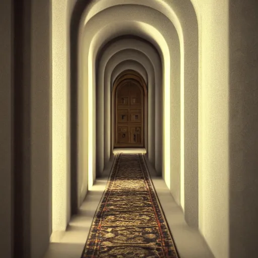 Image similar to small dark corridor that leads to a majestic beautiful palace, natural light with shadows, octane rendered,