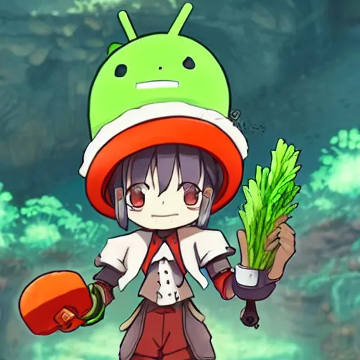 Image similar to cute android with big tomato hat and a carrot sword, made in abyss style