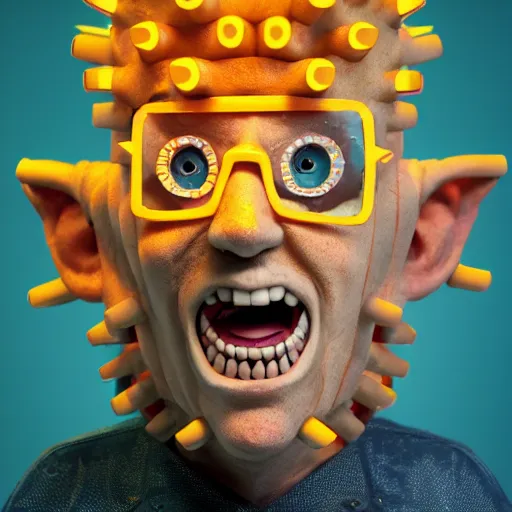 Image similar to blippi - pinhead - hellraiser, indoors, cinematic - lighting, photorealistic, high - detail, 4 k, octane render,