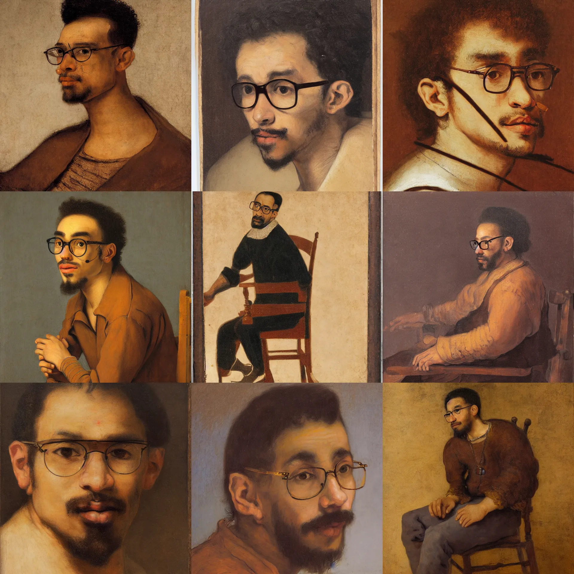 Prompt: 3 / 4 view portrait of a latino skinny young man, brown skin, wavy short hair, goatee, wearing glasses, straight nose, seated on wooden chair, close up, light brown background, painted by rembrandt
