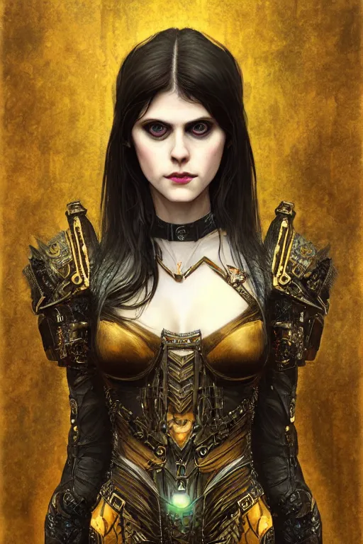 Image similar to portrait of beautiful gothic Alexandra Daddario, cyberpunk, Warhammer, highly detailed, artstation, illustration, art by Gustav Klimt