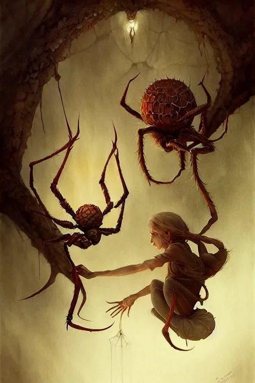 Image similar to elf and spider hubrid | esoteric symbolism | jean - baptiste monge, esao andrews, bastien lecouffe - deharme, tim jacobus, ken currie | ultra - detailed realism, soft cinematic lighting, hi - fructose, artstation, high - quality, ink watercolors wes anderson poster art