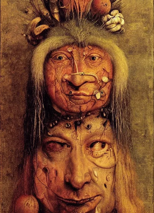 Image similar to a surreal painting of a shaman's face, by Giuseppe Arcimboldo, hieronymus bosch, symbolist, soft colors, dramatic lighting, smooth, sharp focus, extremely detailed, aesthetically pleasing composition