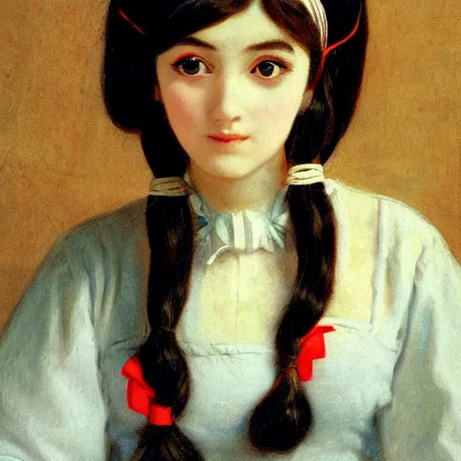 Image similar to maid cosplay, symmetric beautiful face, orientalism portrait of a cute young woman with twin tails by Edwin Longsden Long and Theodore Ralli and Nasreddine Dinet and Adam Styk masterful intricate artwork