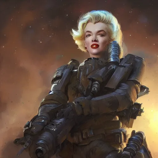 Prompt: Marilyn Monroe as a space soldier, closeup character art by Donato Giancola, Craig Mullins, digital art, trending on artstation