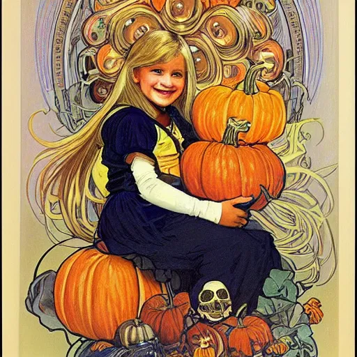 Image similar to a happy little girl with long straight golden blonde hair sitting amidst halloween decor, skulls and pumpkins. beautiful highly detailed face, beautiful painting by alphonse mucha