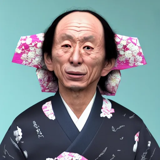 Image similar to Japanese Michel Houellebecq wearing kimono, realistic, photo studio, HDR, 8k, trending on artstation