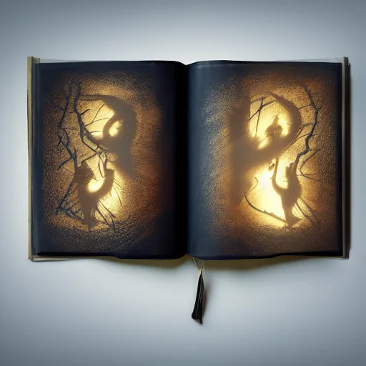 Image similar to light falling on a mythical book in dark background, dark color scheme, artstation