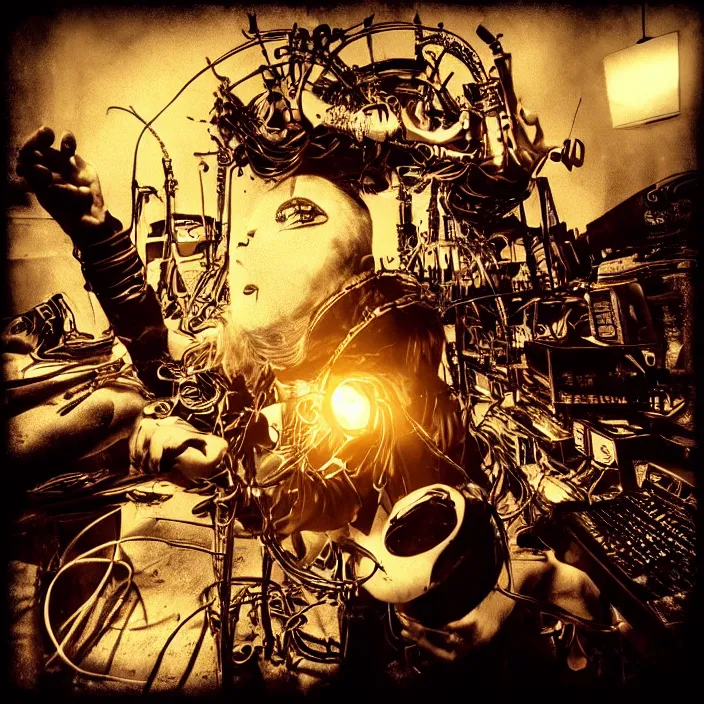 Prompt: “Steampunk Cyborg Rock Singer with 4 hands playing keyboard and drums. Minimalistic. Smooth, cinematic lighting. Fisheye lens. Old torn photograph. ”