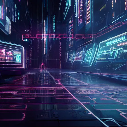 Image similar to lost in a nightmare glitchcore cyber world, photoreal, bladerunner 2 0 4 9, wires, machines, digital displays, brutalist megastructures