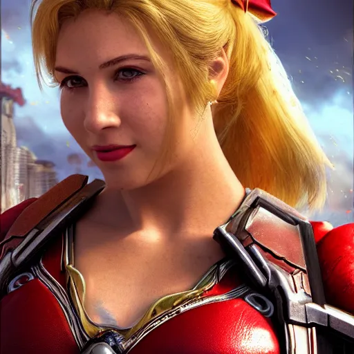 Image similar to portrait of princess peach as superman in gears of war, splash art, movie still, detailed face, photorealistic facial features, cinematic lighting, dramatic, octane render, long lens, shallow depth of field, bokeh, anamorphic lens flare, 8 k, hyper detailed, 3 5 mm film grain