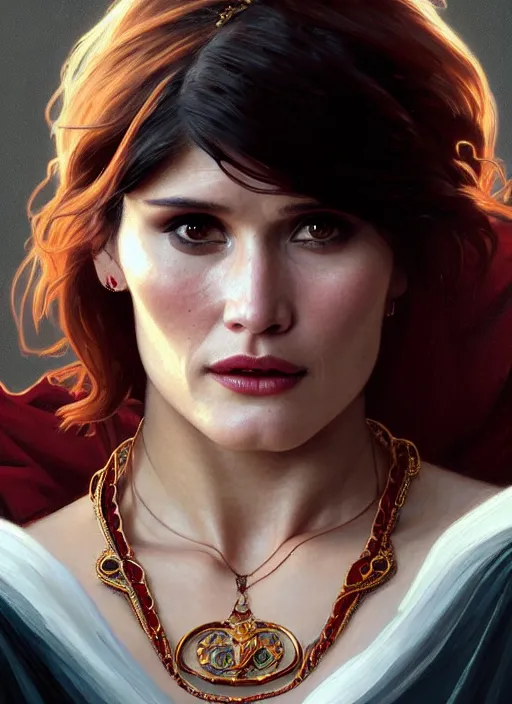 Prompt: portrait of gemma arterton as a vampire lord, jewelry, greek, ruby, intricate, headshot, highly detailed, digital painting, artstation, concept art, sharp focus, cinematic lighting, illustration, art by artgerm and greg rutkowski, alphonse mucha, cgsociety