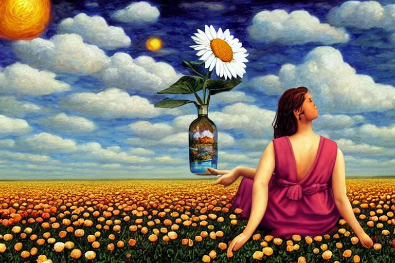 Image similar to giant daisy flower head, woman sitting, surreal, clouds in sky, impressionist painting, digital painting, artstation, rob gonsalves