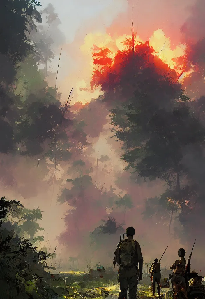 Prompt: ismail inceoglu painting of vietnam war scenary, year 1 9 7 0, jungle, fire smoke and explosions, painting, line art, art concept for a book cover, trending on artstation, by greg manchess and by craig mullins and by kilian eng and by jake parker