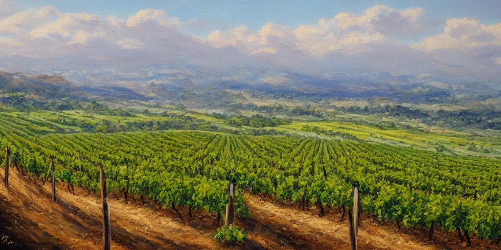 Image similar to a beautiful landscape painting of a sprawling vista with vineyards, by zohar flax, oil on canvas, highly detailed, hd, 4 k