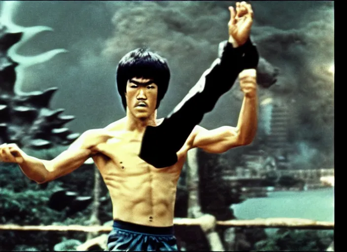 Prompt: Bruce Lee vs. Godzilla, kaiju eiga, tokusatsu, kung-fu, martial arts, 70s color film, vintage movie, digitally remastered