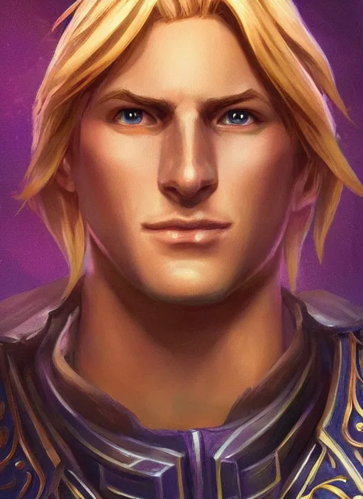 Image similar to portrait of anduin wrynn from wow, in julie shuploc damgaard style, artstation, very beautiful detailed symmetrical face, blonde hair, bright colors, diffuse light, fantasy illustration