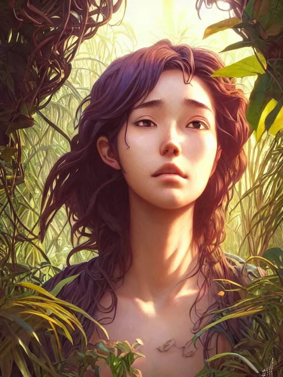 Image similar to full body picture of a female traveler lost in jungle maze, tired, beautiful and aesthetic, intricate, unreal engine, messy hair, highly detailed, detailed face, smooth, sharp focus, chiaroscuro, manga illustration, artgerm, greg rutkowski, ilya kuvshinov, rossdraws, alphonse mucha, young adult light novel cover art