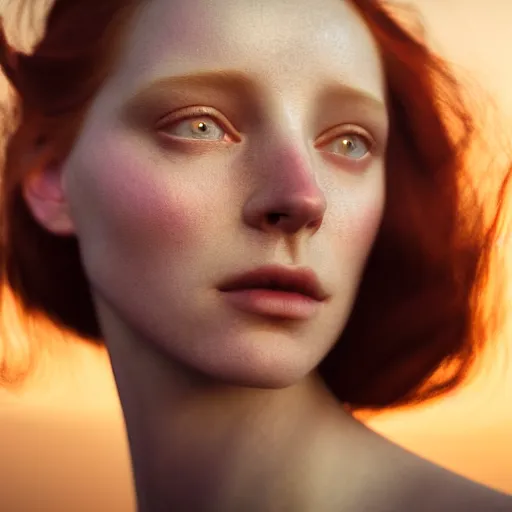 Image similar to photographic portrait of a stunningly beautiful english renaissance female in soft dreamy light at sunset, beside the river, soft focus, contemporary fashion shoot, in a denis villeneuve and tim burton and ridley scott movie, by edward robert hughes, annie leibovitz and steve mccurry, david lazar, jimmy nelsson, extremely detailed, breathtaking, hyperrealistic, perfect face, octane render