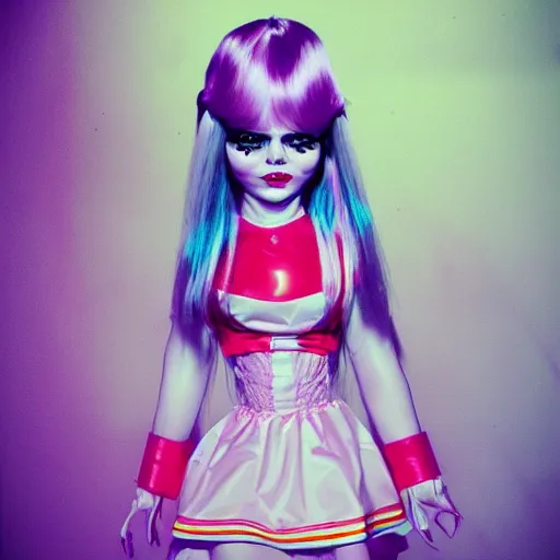 Prompt: neon annabelle character design a porcelain dolls demon wearing shiny plastic, detailed creepy face and eyes