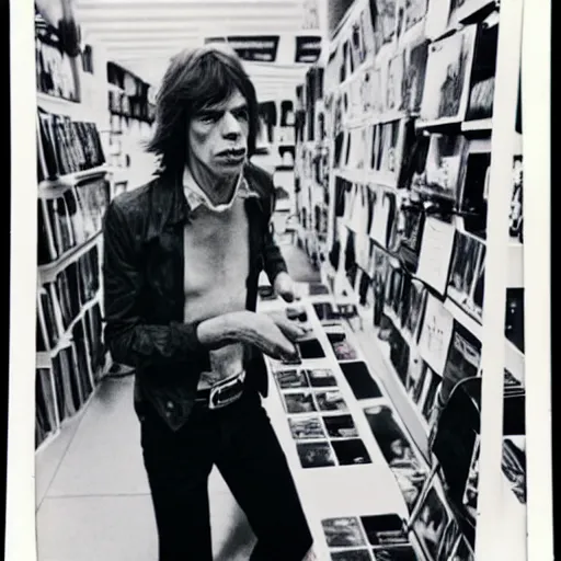 Image similar to mick jagger working in a record store in 1 9 6 9, polaroid photo, artistic, realistic, snapshot, gritty, portrait