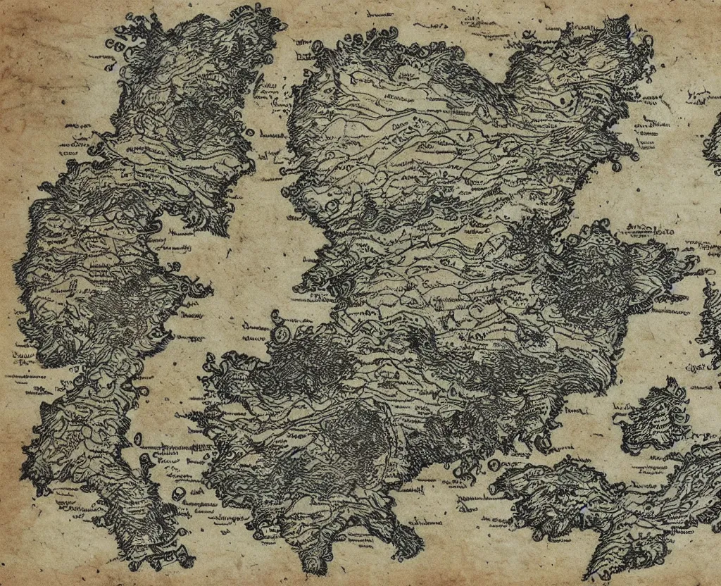 Image similar to ancient fantasy regional map, magical, etching, intaglio, mountains and oceans, on old parchment paper,