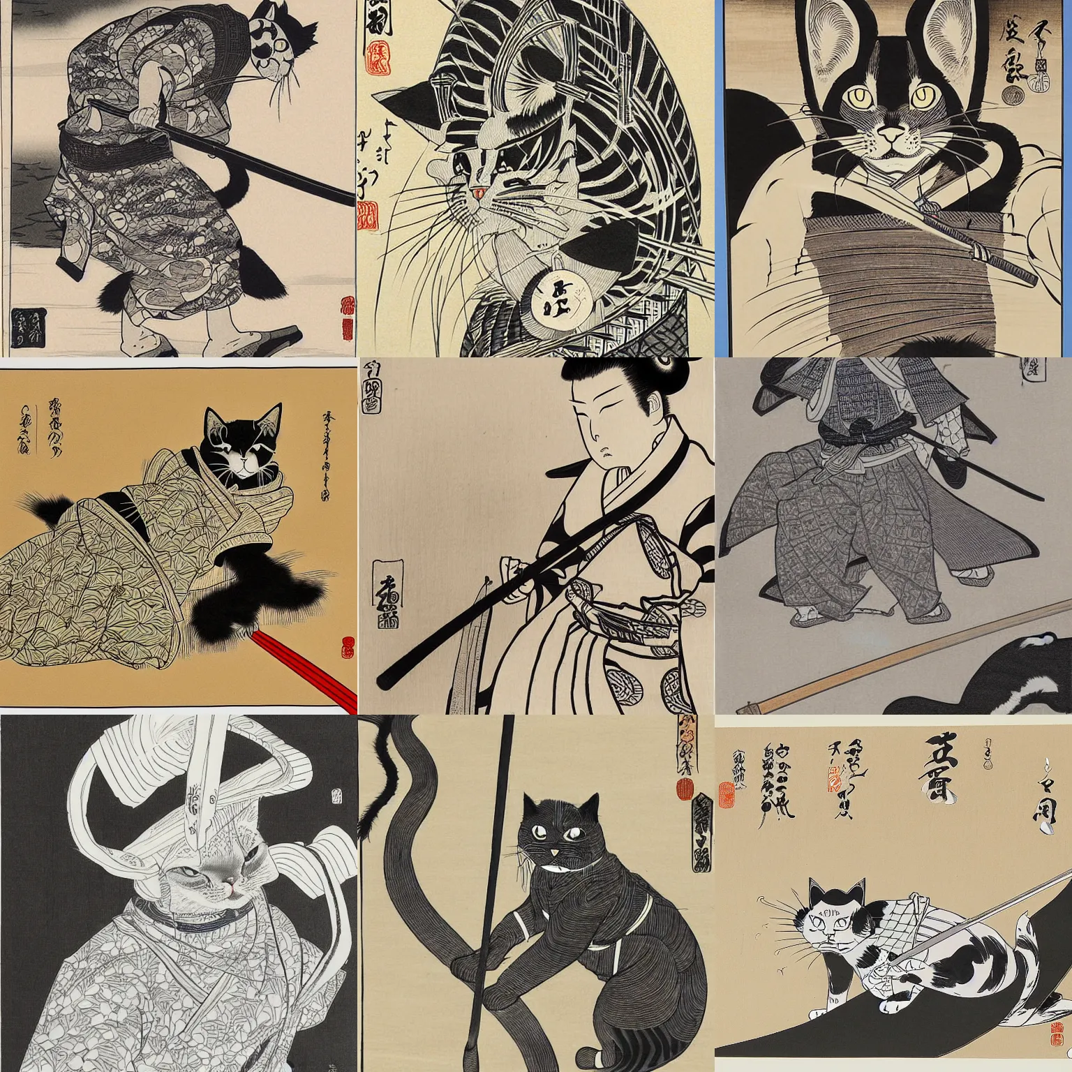 Prompt: cat samurai ukiyo - e ink drawing, japanese art, highly detailed