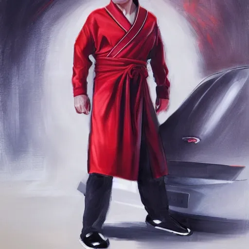 Prompt: Elon Musk wearing an elegant red hanfu with tesla designs, oil on canvas, highly detailed portrait, professional concept art, expressive