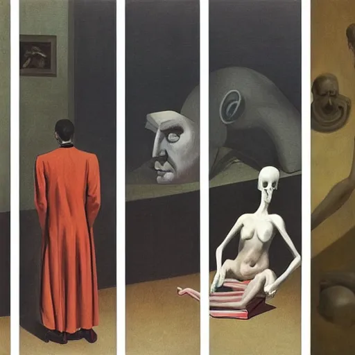 Prompt: the problem of evil, philosopy, by de chirico, by dali, by paula rego, by neo rauch