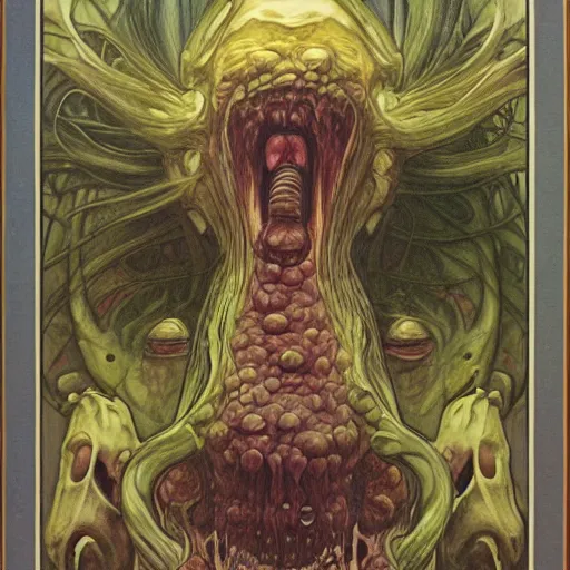 Image similar to surreal cronenberg mutation slime monster, rutkowski, mucha