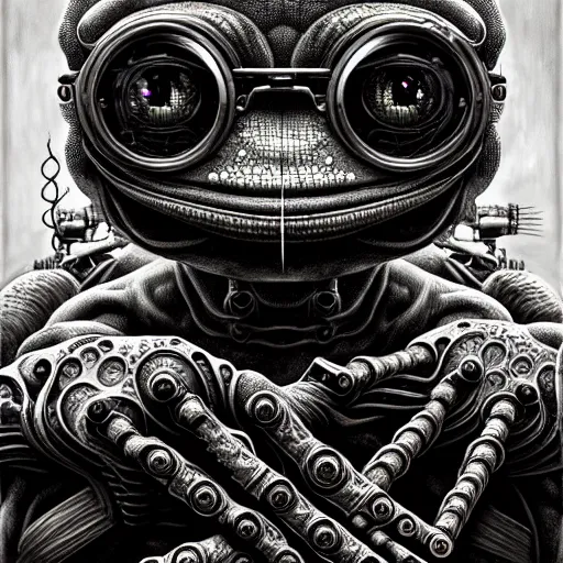 Image similar to ultra realist intricate detailed horror portrait of pepe frog, cyborg tech on body and legs, accurate features, cyberpunk, industrial, apocalyptic, very intricate details, focus, high resolution, 8 k resolution, dramatic lighting, artstyle alex ries and zdzisław beksinski, award winning