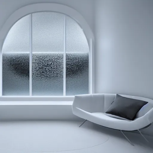 Image similar to white zen clean modern minimalist white room with large circular window with ocean view, frozen and covered in ice, by peter tarka in an ivory room well contoured smooth fair walls, up close shot, sharp focus, zen, clean, modern minimalist, zaha hadid octane highly render, 4 k, ultra hd,