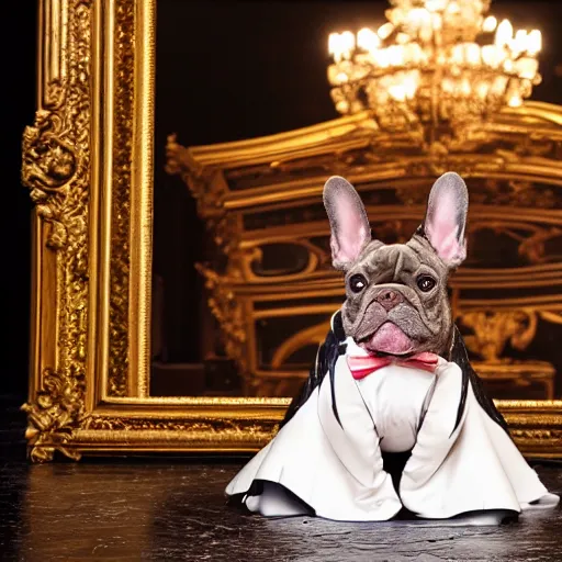 Prompt: professional stage photography of a french bulldog in an opera gown