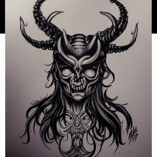 Prompt: 3/4 full body shot of demon with hoofs and horns in heroic pose, black and white ink tattoo