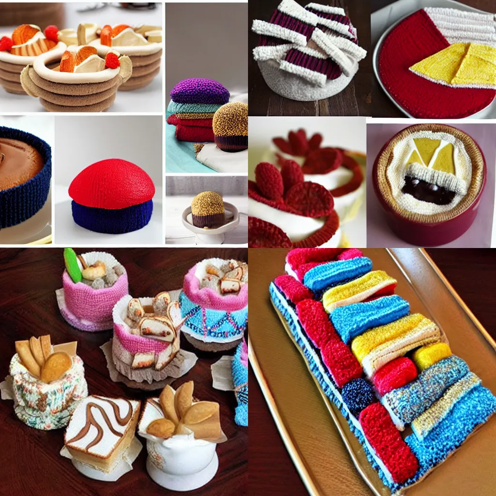 Prompt: delicious looking desserts made of sweaters and window shades