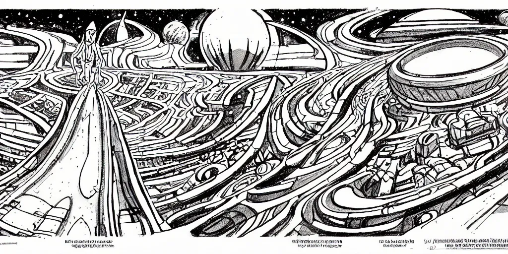 Image similar to traditional drawn colorful animation a solo stranger by harvester stepping to valley symmetrical architecture on the ground, space station planet afar, planet surface, ground, rocket launcher, outer worlds extraterrestrial hyper contrast well drawn Metal Hurlant Pilote and Pif in Jean Henri Gaston Giraud animation film The Masters of Time FANTASTIC PLANET La planète sauvage animation by René Laloux