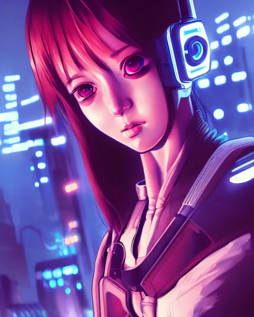 Image similar to a comic potrait of a cyberpunk cyborg girl with big and cute eyes, fine - face, realistic shaded perfect face, fine details. night setting. very anime style. realistic shaded lighting poster by ilya kuvshinov katsuhiro, unreal engine, global illumination, radiant light, detailed and intricate environment