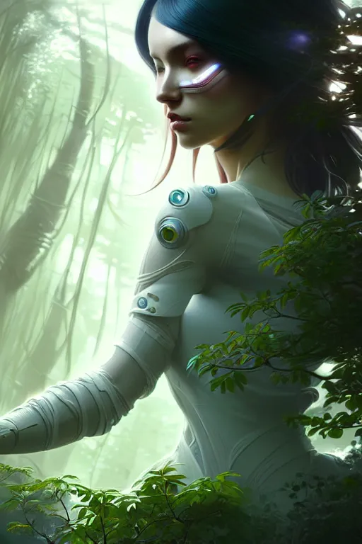 Image similar to beautiful digital painting of a stylish futuristic female forest with high detail, 8 k, stunning detail, works by artgerm, greg rutkowski and alphonse mucha, unreal engine 5, 4 k uhd