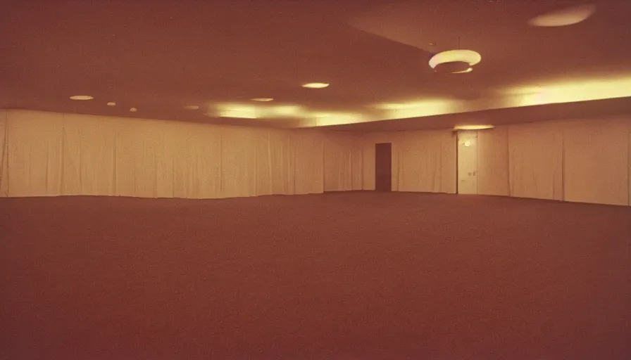 Prompt: 70s movie still of liminal space empty ballroom , cinestill 800t Technicolor, heavy grain, high quality, criterion collection