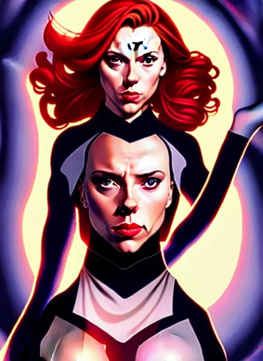 Image similar to rafeal albuquerque comic art, joshua middleton comic art, artgerm, cinematics lighting, night time, pretty scarlett johansson black widow, big smirk, symmetrical face, symmetrical eyes, long red hair, full symmetrical body, flying in the air, jumping off rooftop