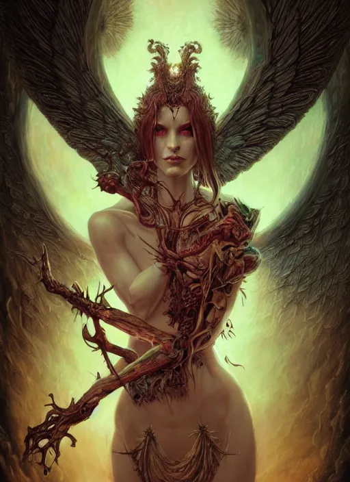 Image similar to perfectly centered portrait front view of a angry dead rotten beautiful female angel growing ornamentation all around, ornate, detailed, symmetrical, elegant, beautifully soft lit, by wayne barlowe, peter mohrbacher, kelly mckernan