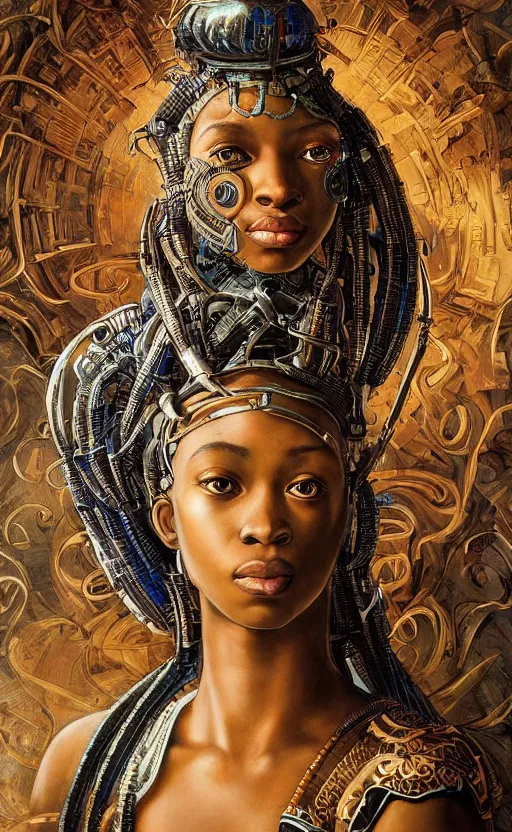 Prompt: beautiful mural painting of a young african cyborg princess muse, dazzling glowing eyes, elegant, striking composition, highly detailed ornate sci fi background, highly detailed, beautiful composition, painting in the style of sandro botticelli, caravaggio, albrecth durer