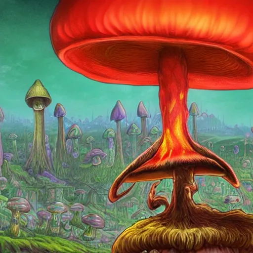 Image similar to a centered chest up portrait of a psychedelic demonic anthropomorphic mushroom - man smoking a hand - rolled cigarette smoking heavily, magic mushroom village in background. award winning. superb resolution. in the art style of junji ito and greg rutkowski. detailed mushroom city in background. hyper realistic anime. perfect art. dalle 2