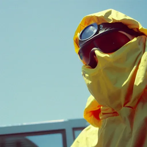 Image similar to a man wearing a hazmat suit rapping, sunny day, film still, Arriflex lens