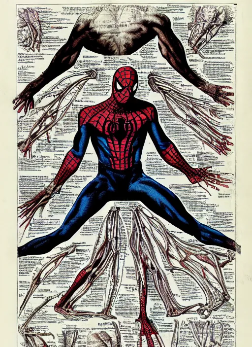Prompt: old anatomical chart of Spiderman