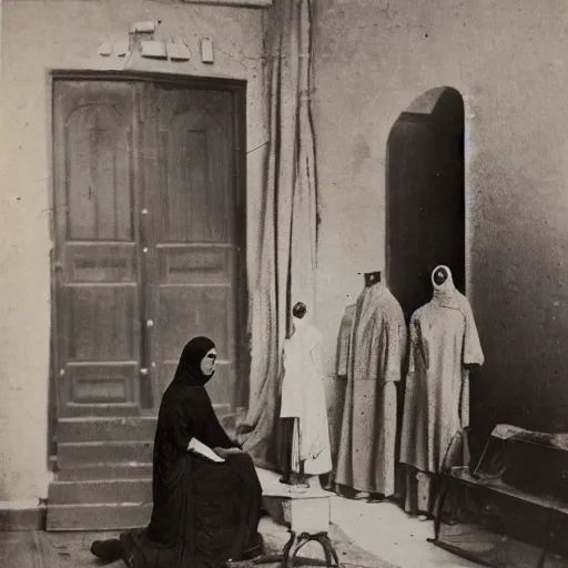 Image similar to elite egyptian woman at a french tailor in cairo, vintage photo, soft lighting, 1 8 9 0